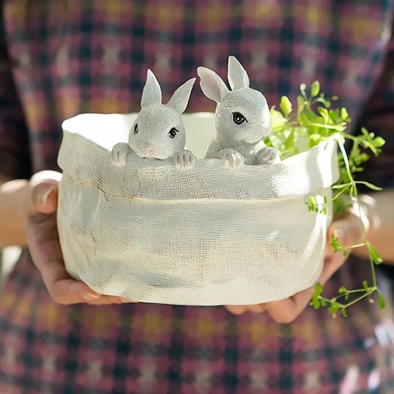 1pc Resin Rabbit Flower Pot, 3D Garden & Balcony Decor