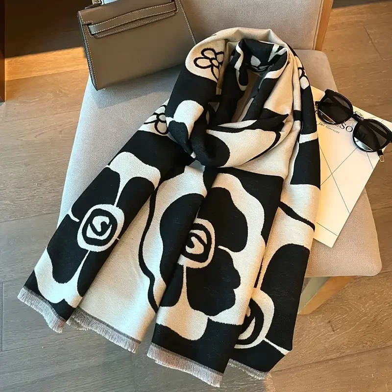 Elegant Black & Beige Imitation Cashmere Scarf