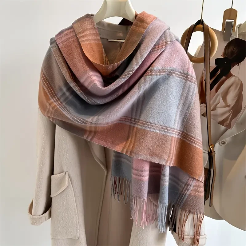Stylish Jacquard Plaid Fringe Scarf