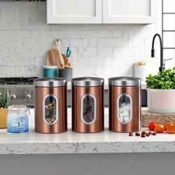 Set of Three Clear Copper Stainless Steel Airtight Containers with Visible Capacity Windows  The Perfect Storage Solution for Your Kitchen