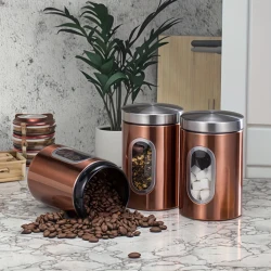 Set of Three Clear Copper Stainless Steel Airtight Containers with Visible Capacity Windows  The Perfect Storage Solution for Your Kitchen