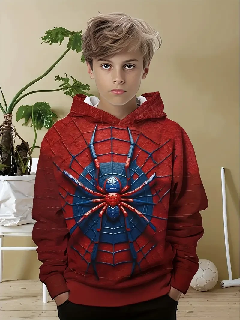 Boys' Cool Red Spider Print Hoodie - Casual Long Sleeve Pullover for Spring & Fall, Machine Washable