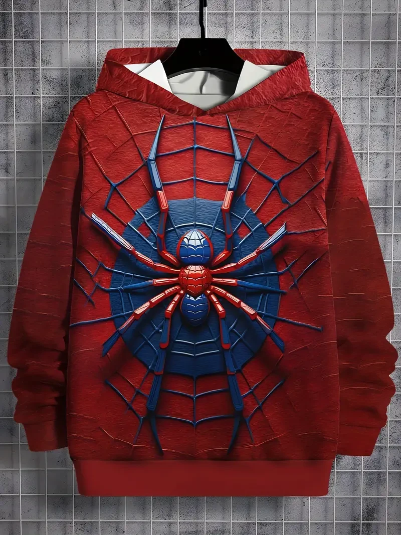 Boys' Cool Red Spider Print Hoodie - Casual Long Sleeve Pullover for Spring & Fall, Machine Washable