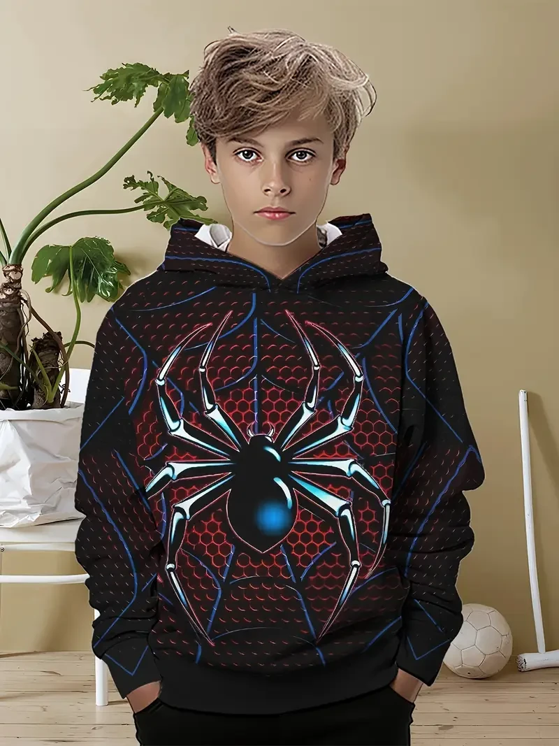 Boys' Cool 3D Spider Print Hoodie - Soft & Breathable, Perfect for Spring/Fall Outdoor Fun & Casual Wear