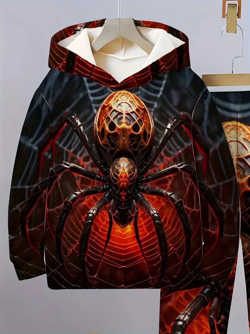 Boys' Geometric Spider Print Hoodie And Pants Set, Casual Polyester Knit Sweatshirt with Elastic Waist, Long Sleeve, Loose Fit, Outdoor Sports Running, Party Wear, Spring/Autumn Collection, For Outdoor