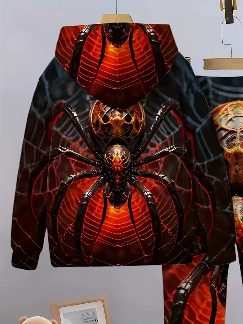 Boys' Geometric Spider Print Hoodie And Pants Set, Casual Polyester Knit Sweatshirt with Elastic Waist, Long Sleeve, Loose Fit, Outdoor Sports Running, Party Wear, Spring/Autumn Collection, For Outdoor