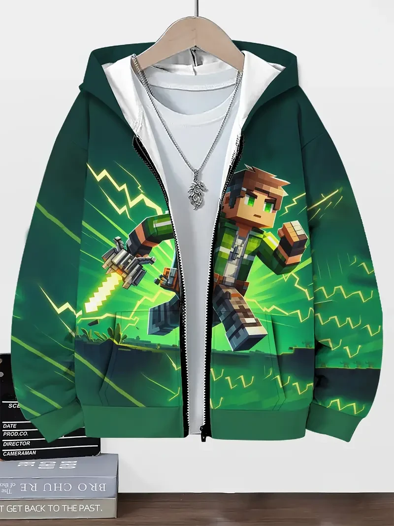 Boys' Casual Hooded Sports Suit with Geometric Block Sandbox Game Character Print - Regular Fit with Pockets, Stretch Knit Fabric for Daily And Casual Wear, Autumn/Winter, Polyester