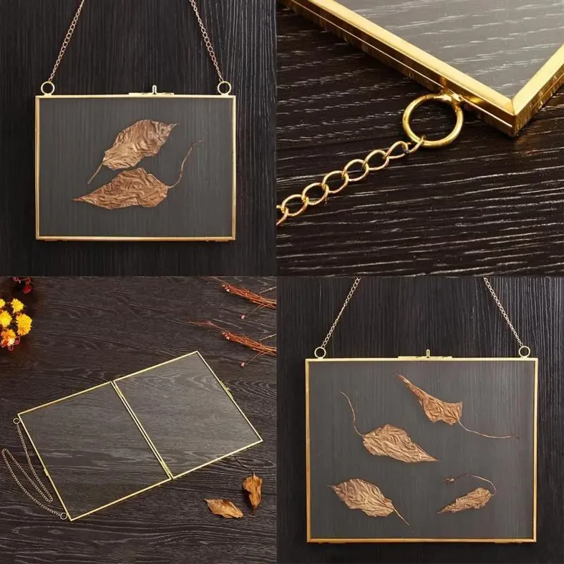 Vintage Copper-Toned Glass Photo Frame  5x10cm, Rustic Wall-Mounted Display for Artistic Plant Specimens & Pictures, Elegant Home Decor with Metal Chain Link, Plant Deco