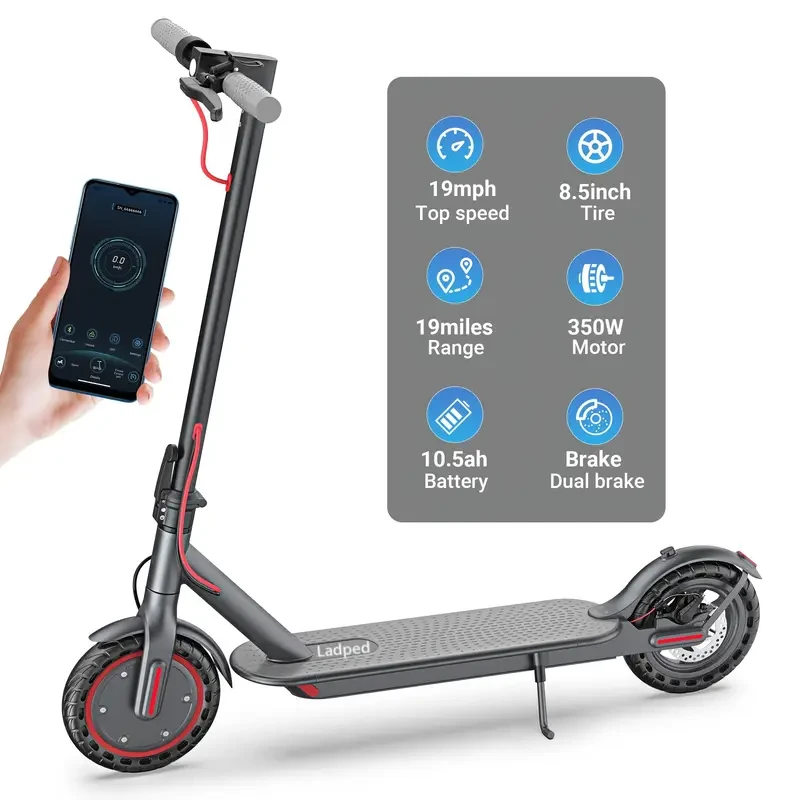 LADPED LP80 350W 36-42V Battery Folding Electric Scooter With 8.5" Anti-skid Solid Tyres, Electric Scooter With 19 Miles Long Range, 15.5MPH High Speed &3 Speed Modes Foldable Commuting Electric Scooter For Adults