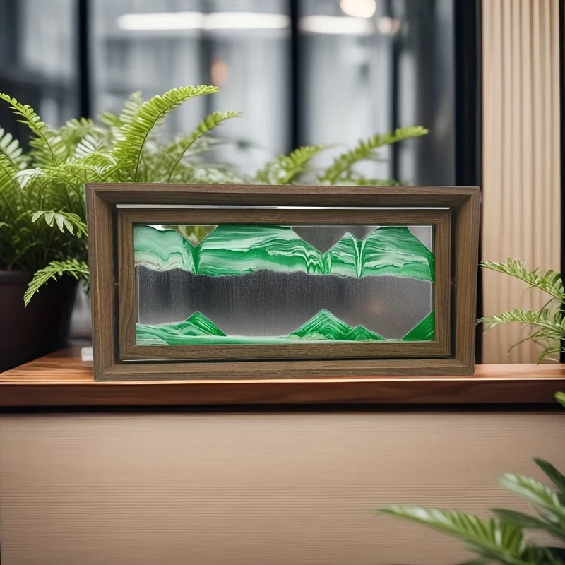 1pc 38.1cm Green High-end Furniture Decoration Unique Glass Artwork Independent Packaging Large Size 3D Sand Painting, Flippable Wooden Picture Frame, Exquisite Desktop Ornament, Suitable for Living Room, Dining Table, TV Cabinet, Office Relaxation Deco