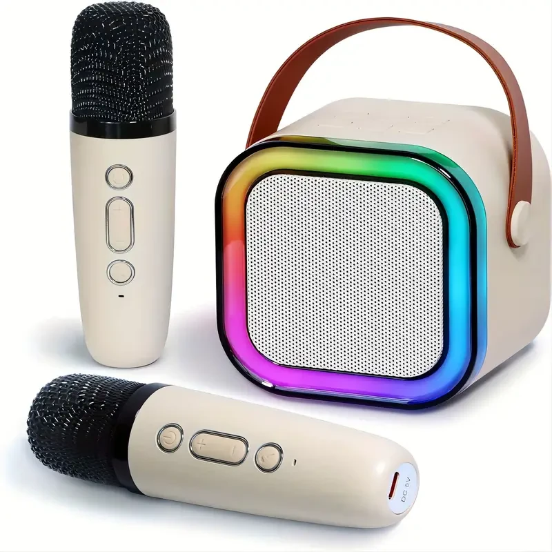 Portable Karaoke Machine Set with 2 Wireless Microphones and LED Disco Light Speaker - USB Rechargeable with 18650 Lithium Battery for Family Parties and Birthday Gifts