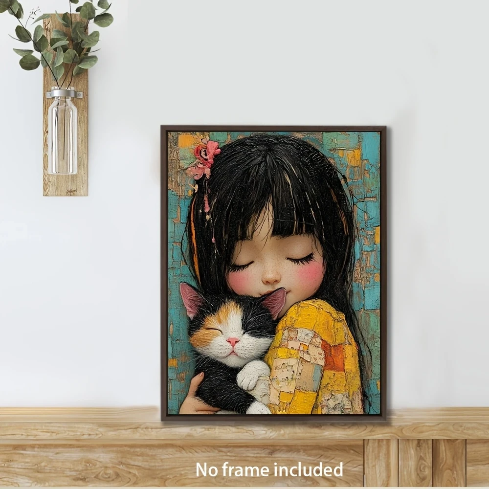 Hand-painted Girl Holding a Kitten Canvas Painting Wall Art Decoration