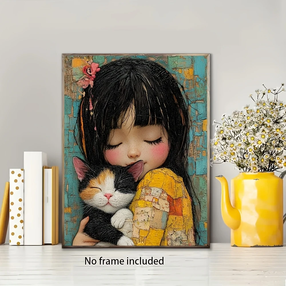 Hand-painted Girl Holding a Kitten Canvas Painting  Wall Art Decoration