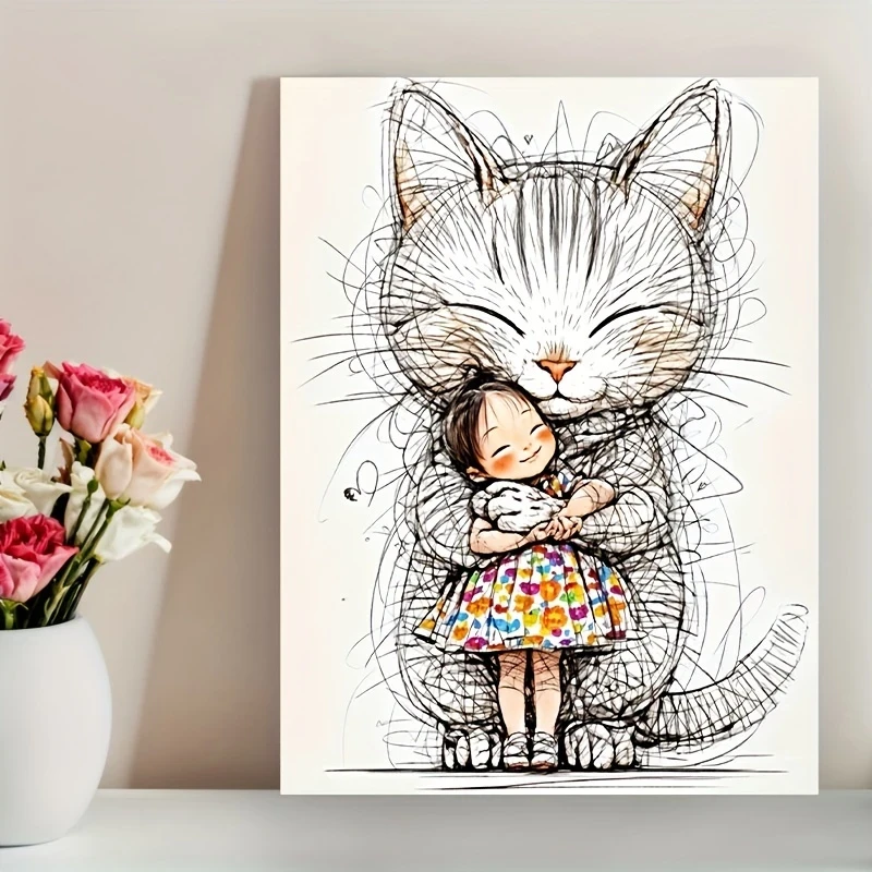 Charming Cartoon Cat & Girl Watercolor Canvas Art Frameless Modern Wall Art