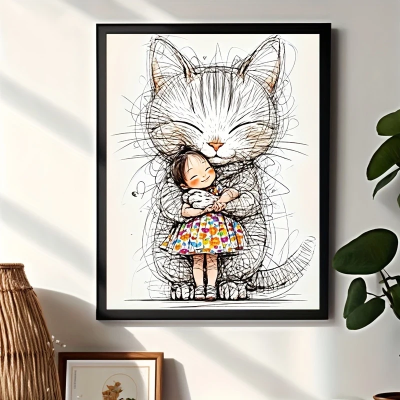 Charming Cartoon Cat & Girl Watercolor Canvas Art Frameless Modern Wall Art