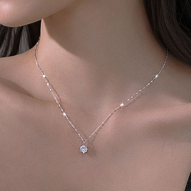 Hot 925 Sterling Silver Plated Single AAA Zircon Clavicle Chain Necklace