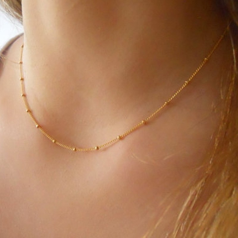 Sparkling Trendy Gold Thin Choker Bead Chain Necklace