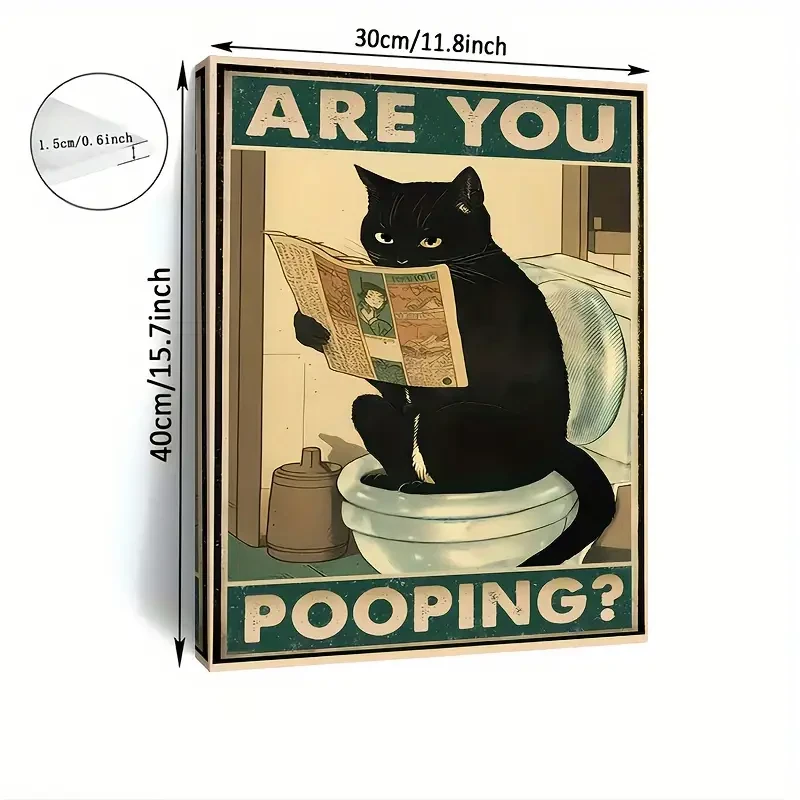 [Funny Cat Art] Funny Black Cat Canvas Art  "Are You Pooping?" Humorous Wall Decor with Wooden Frame, 11.8x15.7 Inches, Perfect for Bathroom, Living Room, Bedroom, Unique Gift Idea, Cat Decor