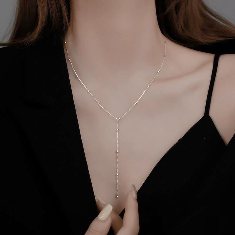 LATS Gold Color Double-Layered Long Tassel Chain Necklace
