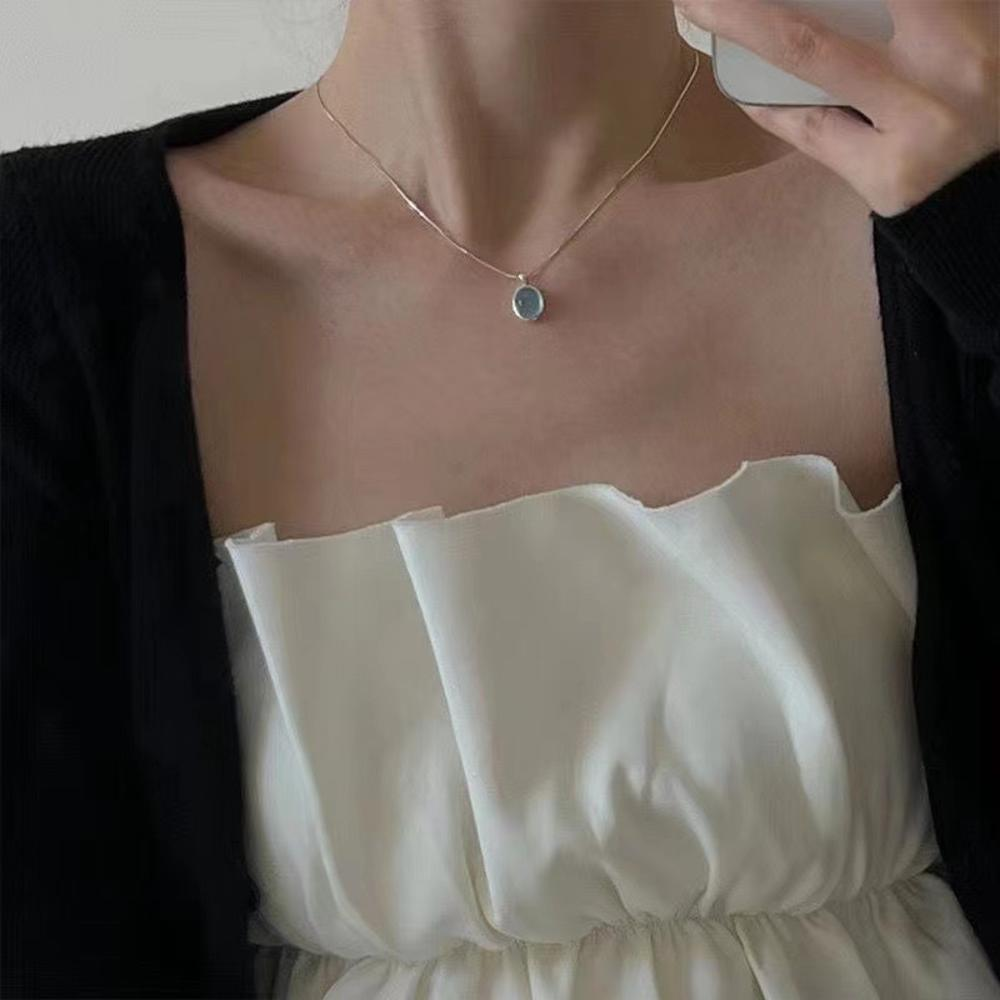 Silver Color Oval Aquamarine Pendant Necklace
