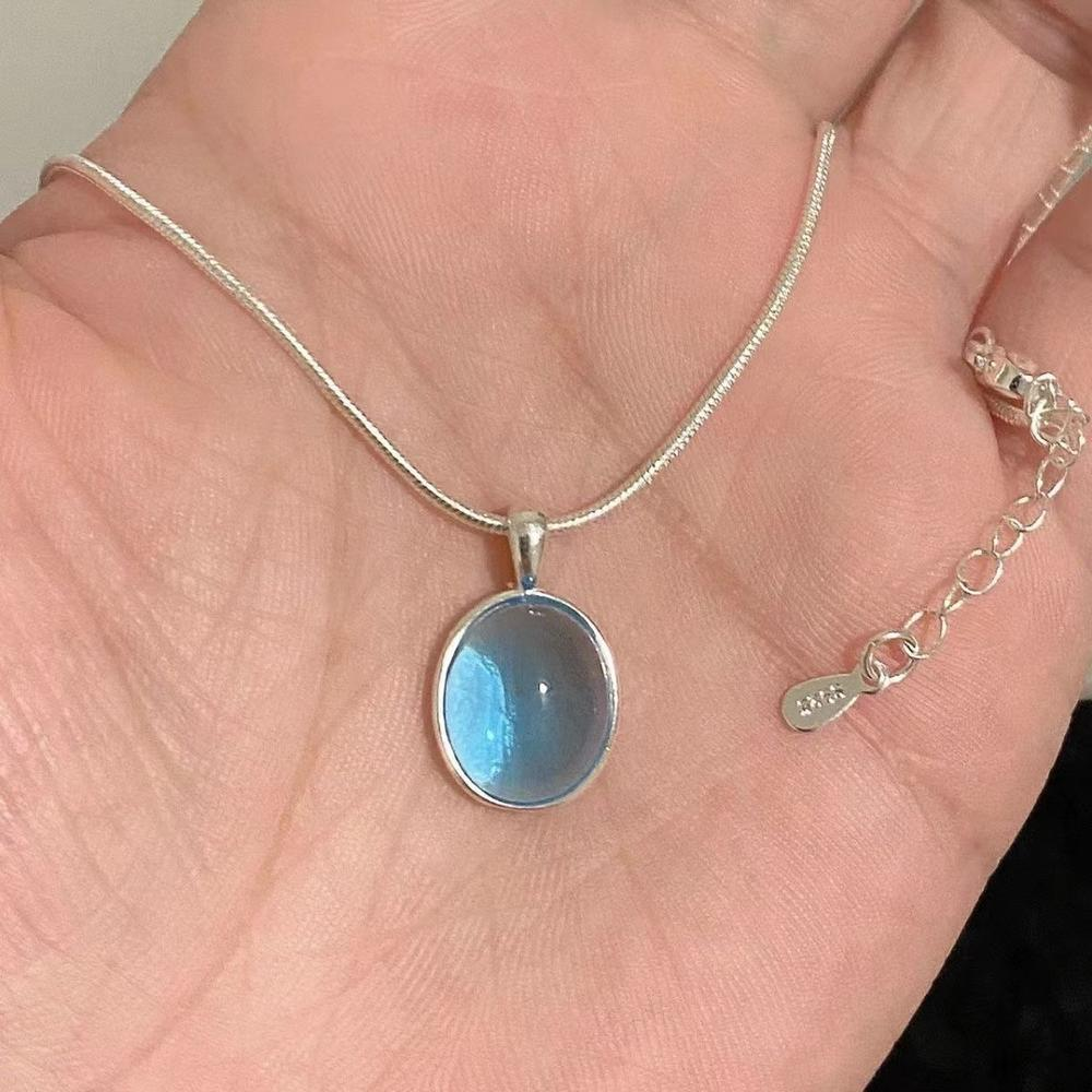 Silver Color Oval Aquamarine Pendant Necklace