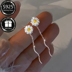 1 Pair of S925 Sterling Silver Fashion Womens Dangling Earrings  Elegant Daisy Line Tassel Design for Everyday and Special Occasions