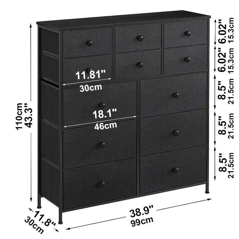 1pc Dressing Table with 12 Fabric Drawers Large-Capacity Drawer Cabinet, Wooden Top, Steel Frame Storage Organizer for Bedroom, Closet, Hallway, and Living Room (Black)