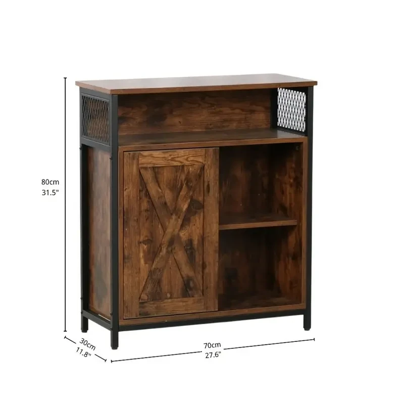 Industrial Sideboard Buffet Cabinet with Open Compartment and 5 Shelves Rustic Brown Finish with Stable Metal Frame, Half-Door Design, Perfect for Living Room and Home Storage