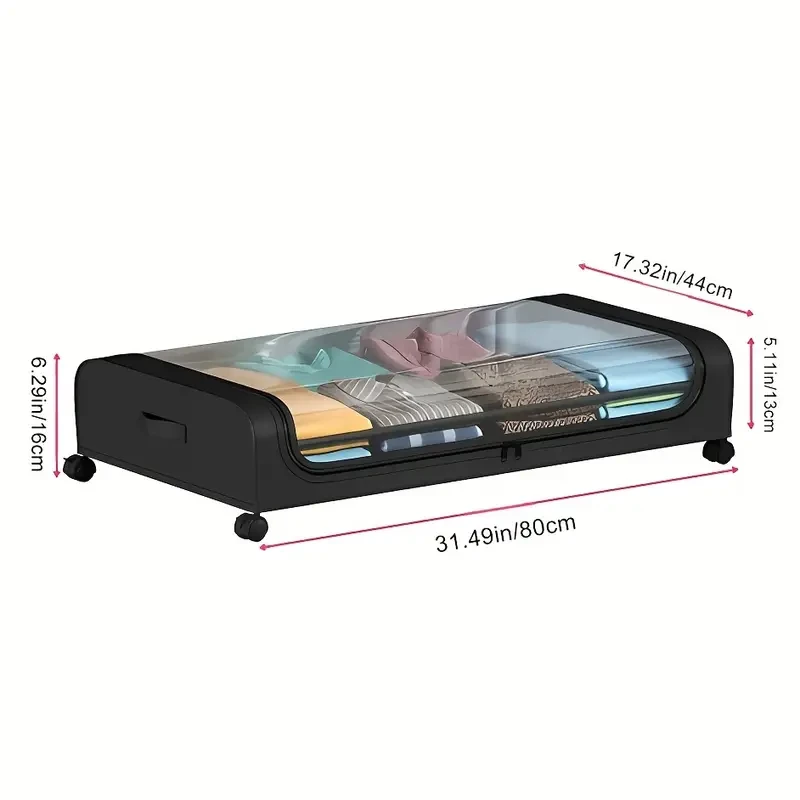 1pc Black Under Bed Storage Box with Wheels & Transparent Dustproof Cover  Large Capacity Space-Saving Organizer for Clothes, Books, Toys, Jewelry, and Decor