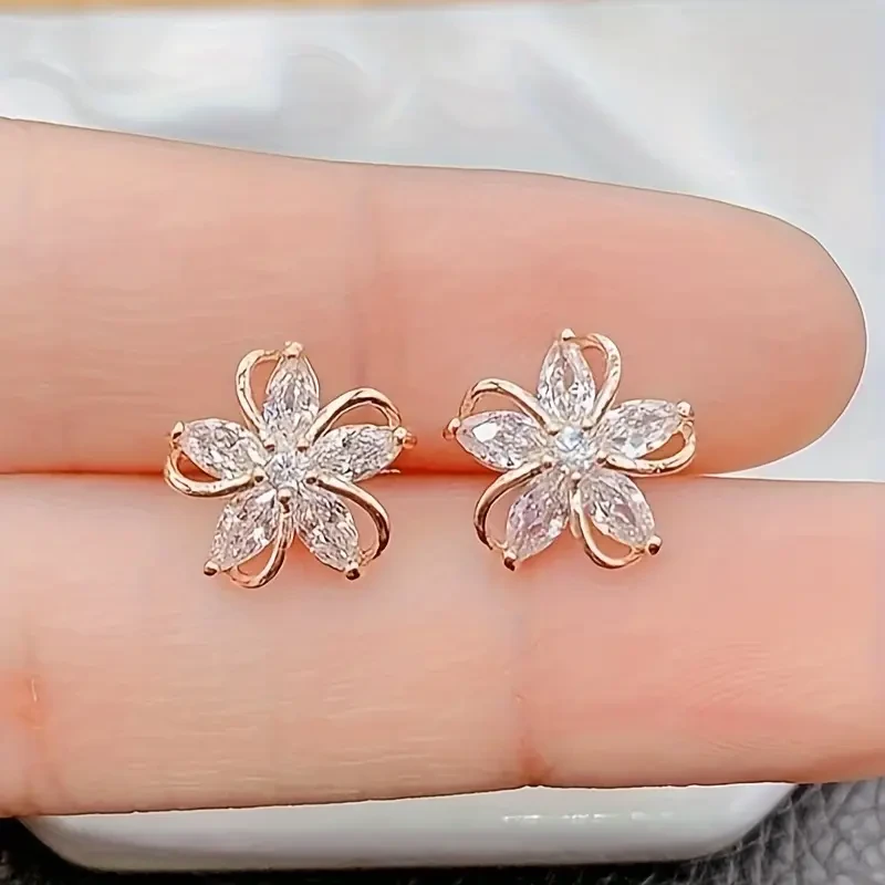 Elegant Rose Golden Cubic Zirconia Flower Stud Earrings  Vintage-Inspired, Stainless Steel Posts, Perfect for Daily Wear or Gift for Women & Sisters