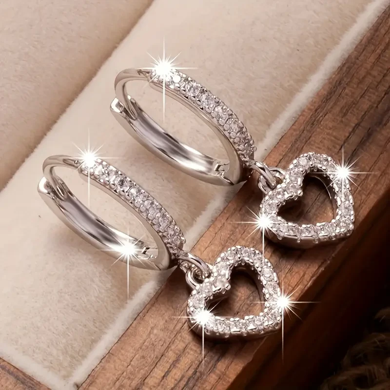 18K Golden Plated Copper Hoop Earrings with Heart Drop Pendant Synthetic 3A Zirconia, Simple Sexy Style, Ideal for Daily Wear & Gift-Giving